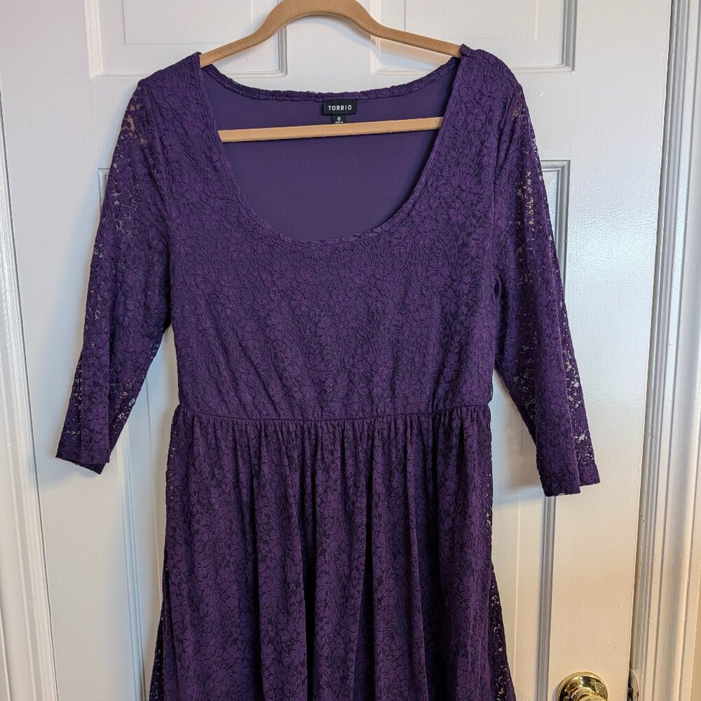 Torrid Purple 3/4 Sleeve Scoop Neck Lace Skater Dress - Fit & Flare Size 0 (12)